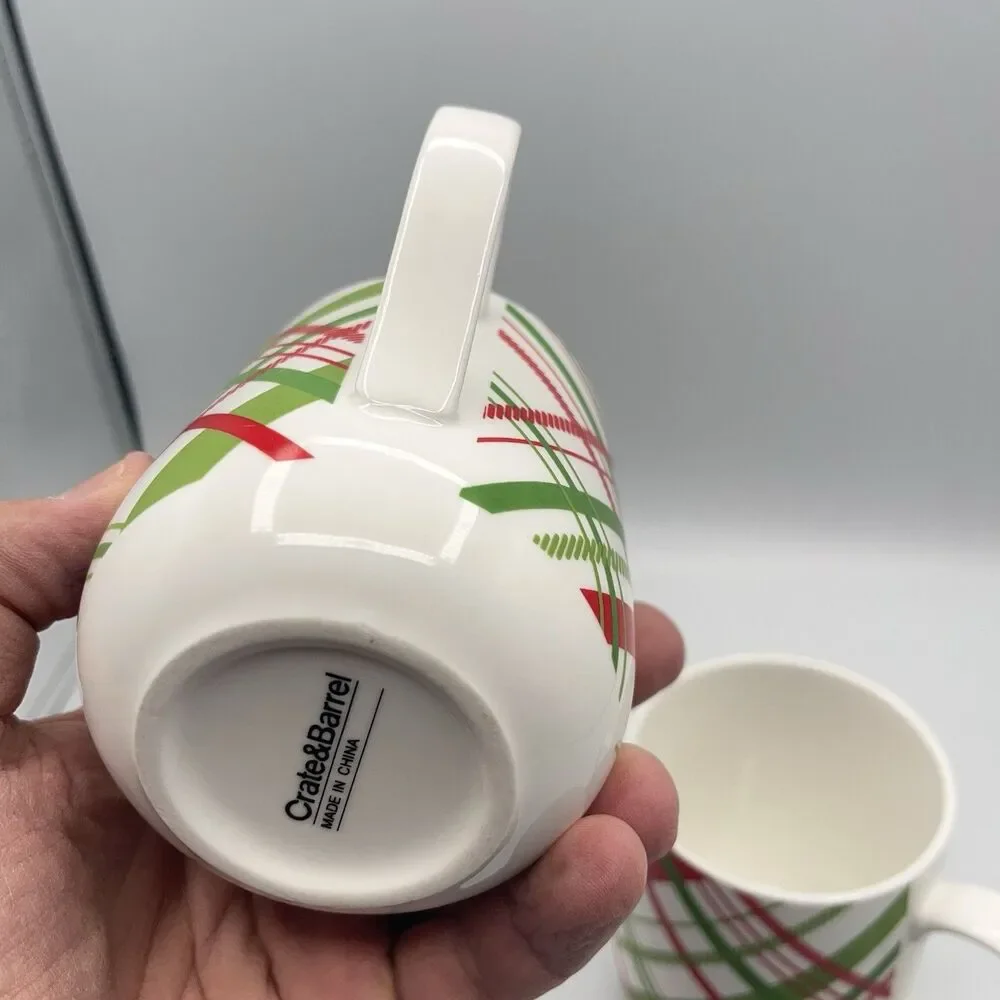 Crate & Barrel Red & Green Plaid Christmas Holiday Cups Mugs ~ Set of 2